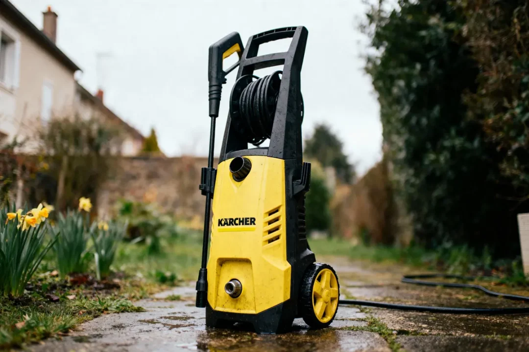 Nettoyeur haute pression jaune Karcher dans un jardin, sur allée humide, entouré de fleurs et verdure.