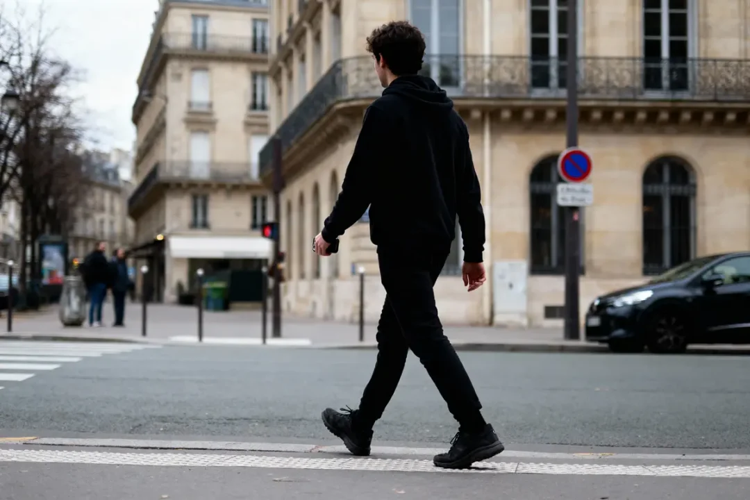 Un homme habillé en noir traverse une rue parisienne, bâtiments anciens en arrière-plan.