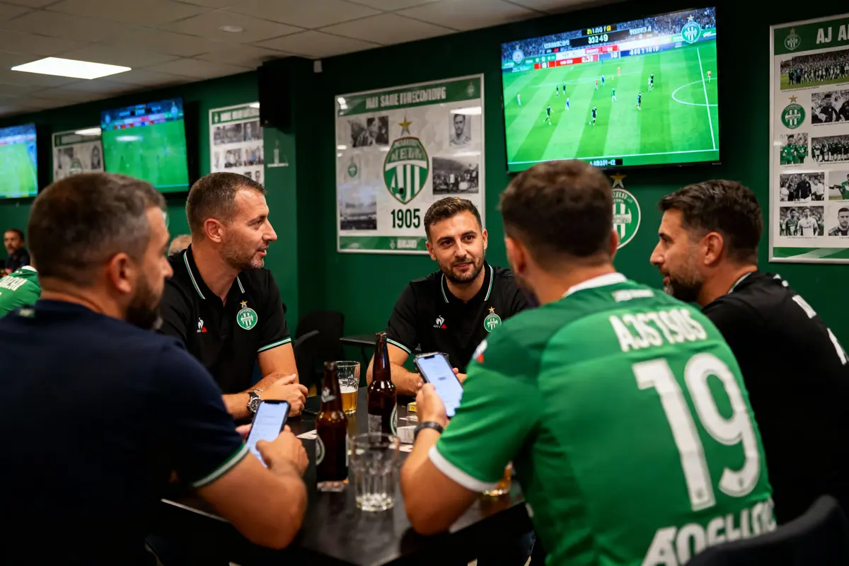 Groupe d'hommes dans un bar regardant un match de football à la télévision.