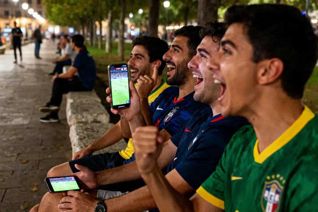 Quatre amis souriants regardent un match de football sur leurs téléphones, assis dehors le soir.