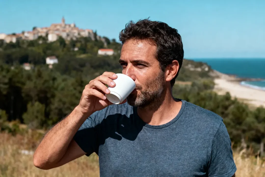Homme buvant dans une tasse blanche, paysage côtier et village en arrière-plan, ciel bleu dégagé.