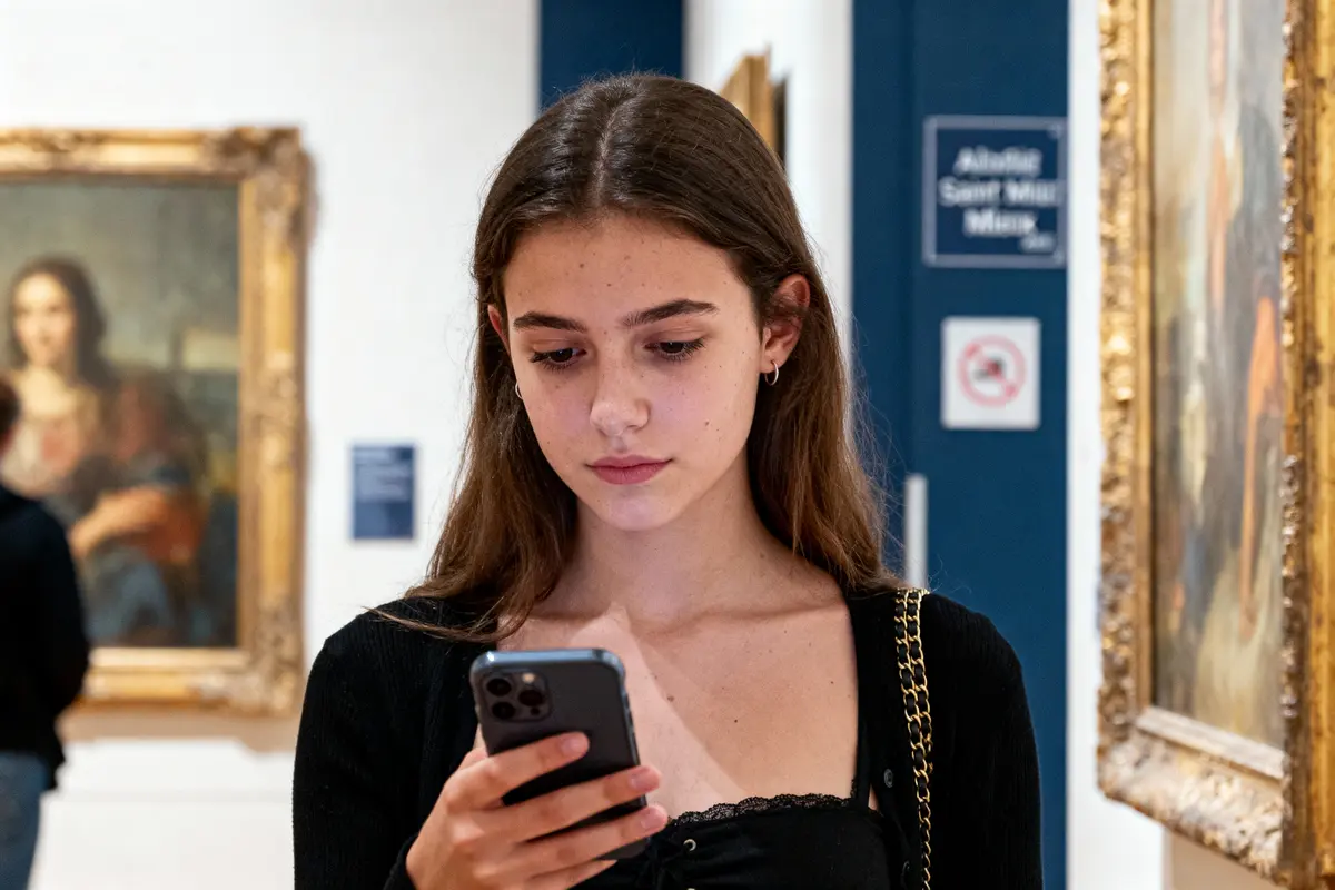 Jeune femme brune utilisant un smartphone dans une galerie d'art, tableaux encadrés en arrière-plan.