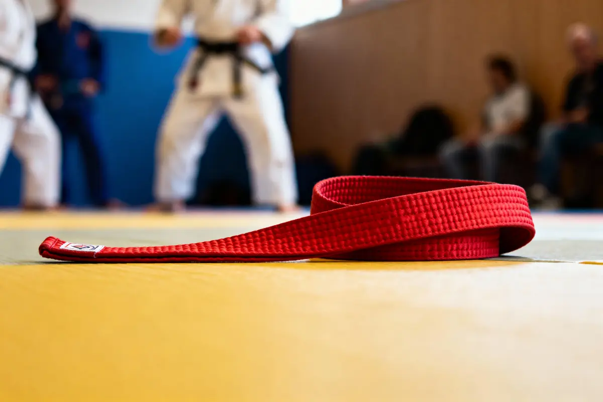 Ceinture rouge posée au sol, dojo, judokas flous en arrière-plan, ambiance de concentration et de discipline.