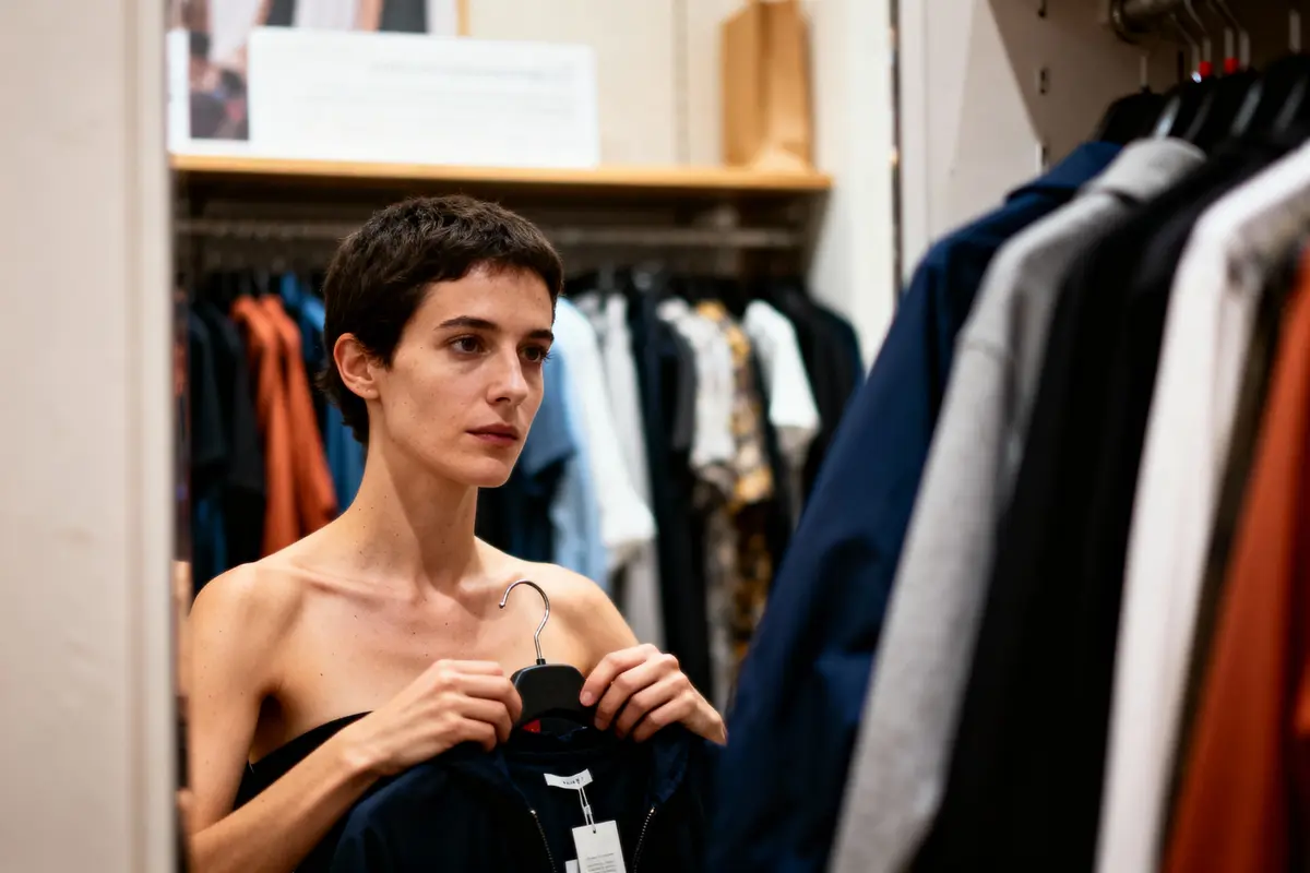 Jeune femme tenant un vêtement sur cintre, réfléchissant dans un magasin de vêtements.