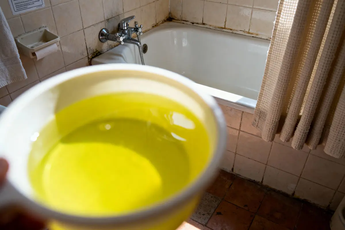 Bol d'eau jaune au premier plan, salle de bain avec baignoire ancienne en arrière-plan, murs défraîchis.