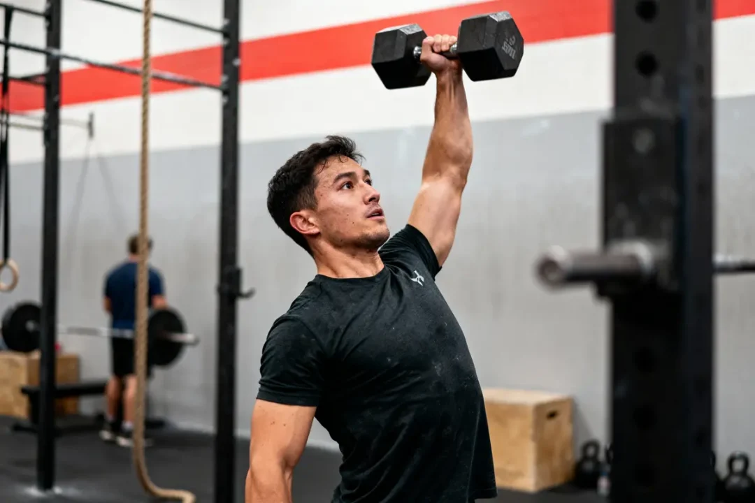 Un homme soulève un haltère dans une salle de sport, concentré sur son entraînement de musculation.