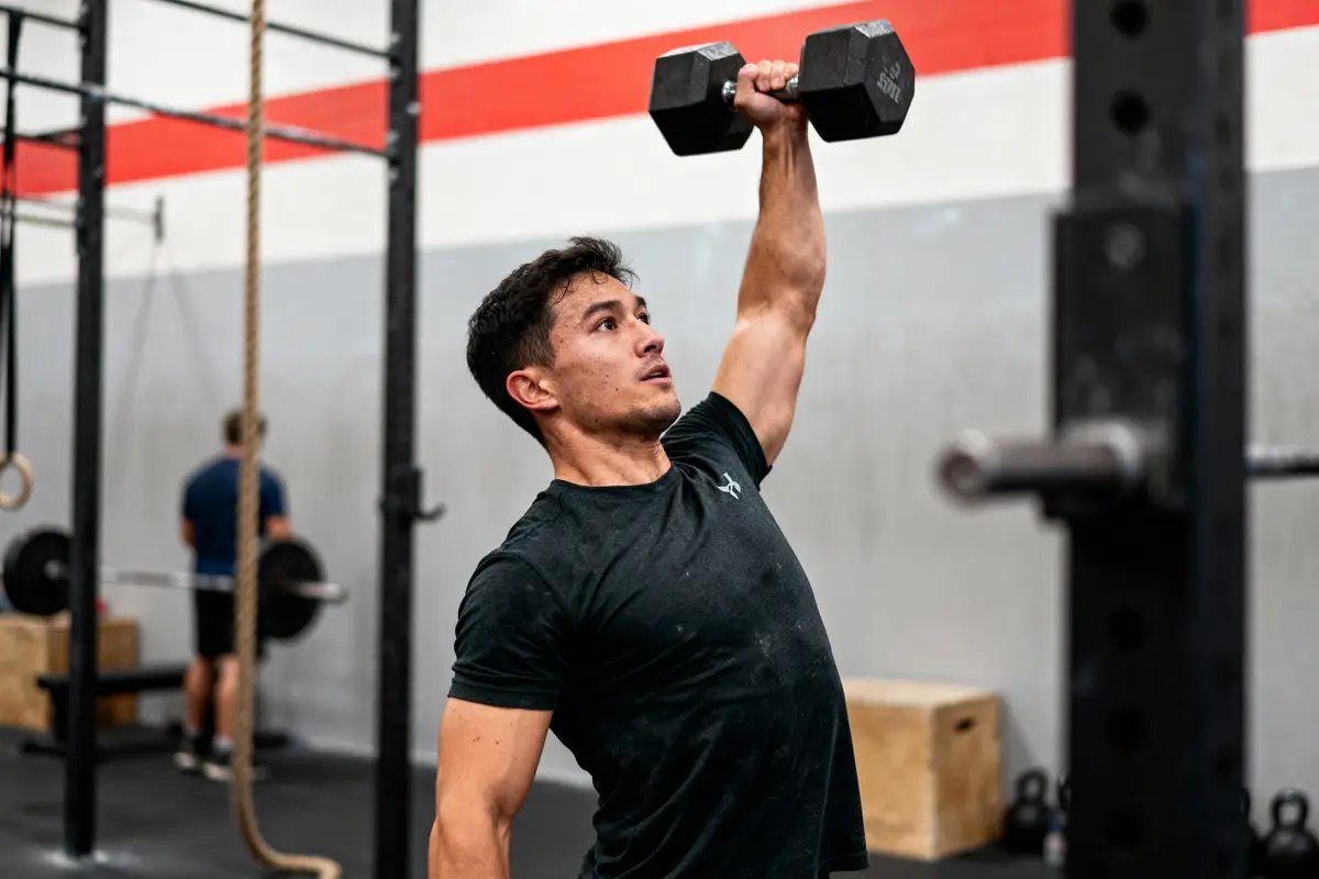 Un homme soulève un haltère dans une salle de sport, concentré sur son entraînement de musculation.