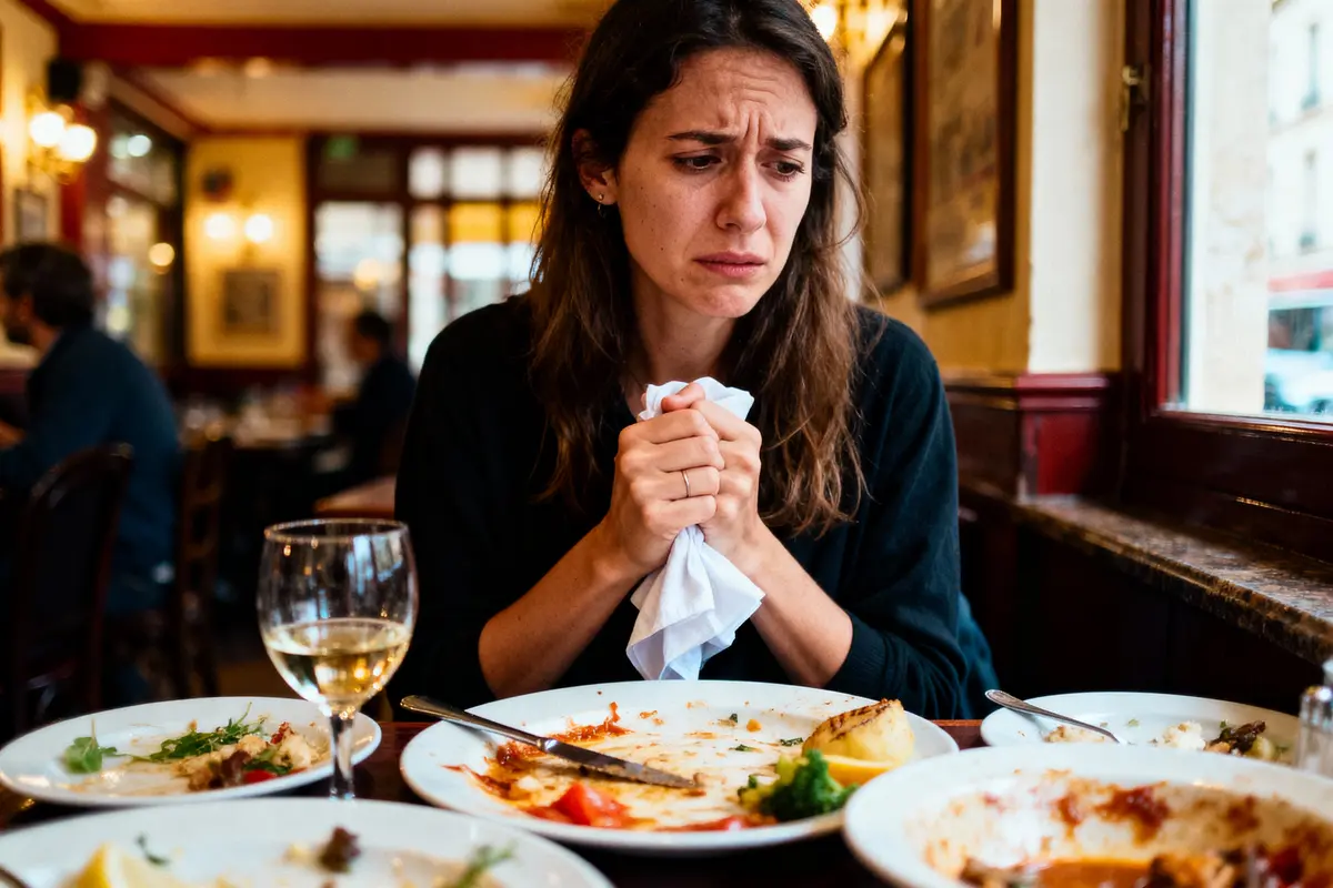 Femme inquiète dans un restaurant, entourée d'assiettes vides, tenant une serviette blanche.