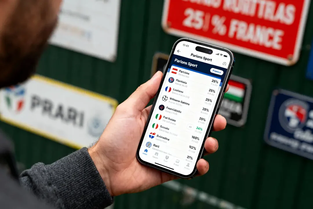Un homme consulte l'application "Parions Sport" sur smartphone, avec des cotes de paris affichées. Fond flou.