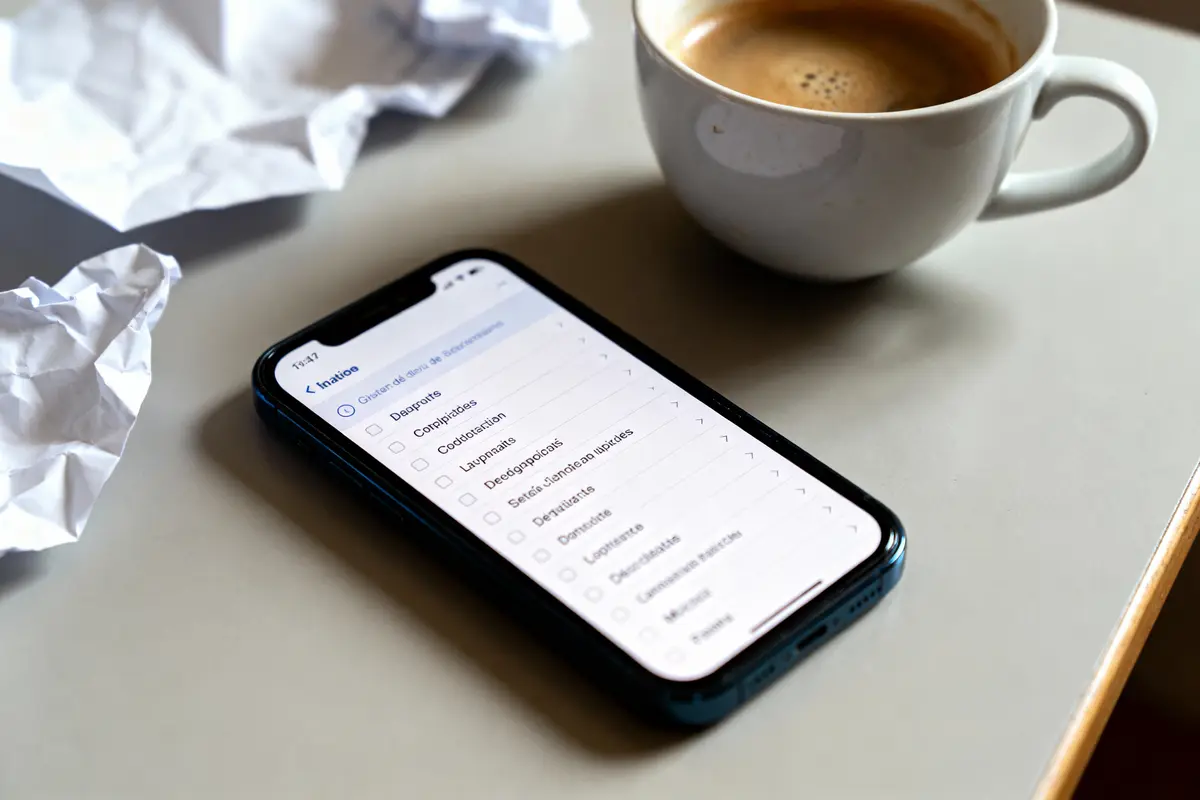 Smartphone avec liste de tâches, tasse de café et papier froissé sur une table.