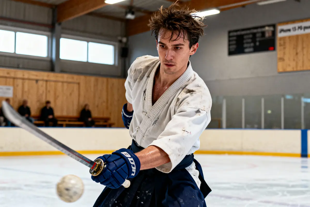 Homme en kimono frappant une balle avec un sabre sur une patinoire intérieure.