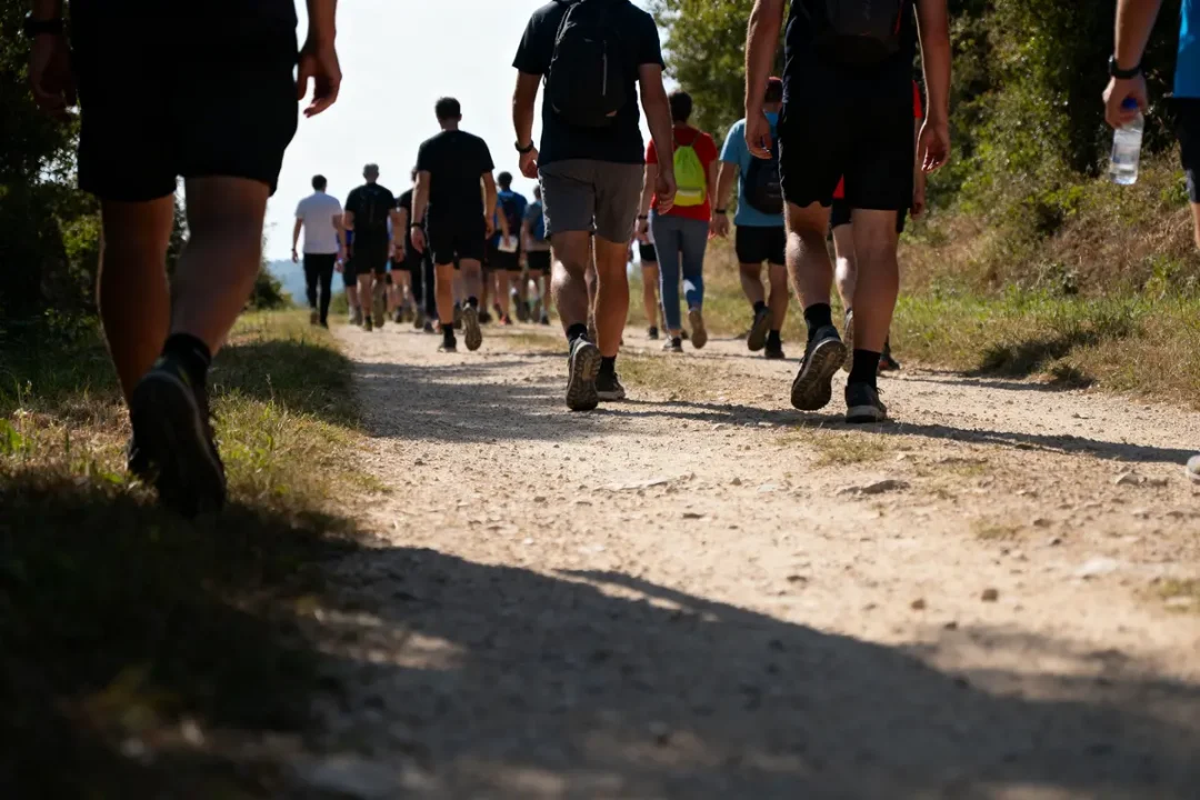 Groupe de personnes marchant sur un chemin en plein air, en tenue de randonnée, sous un soleil lumineux.