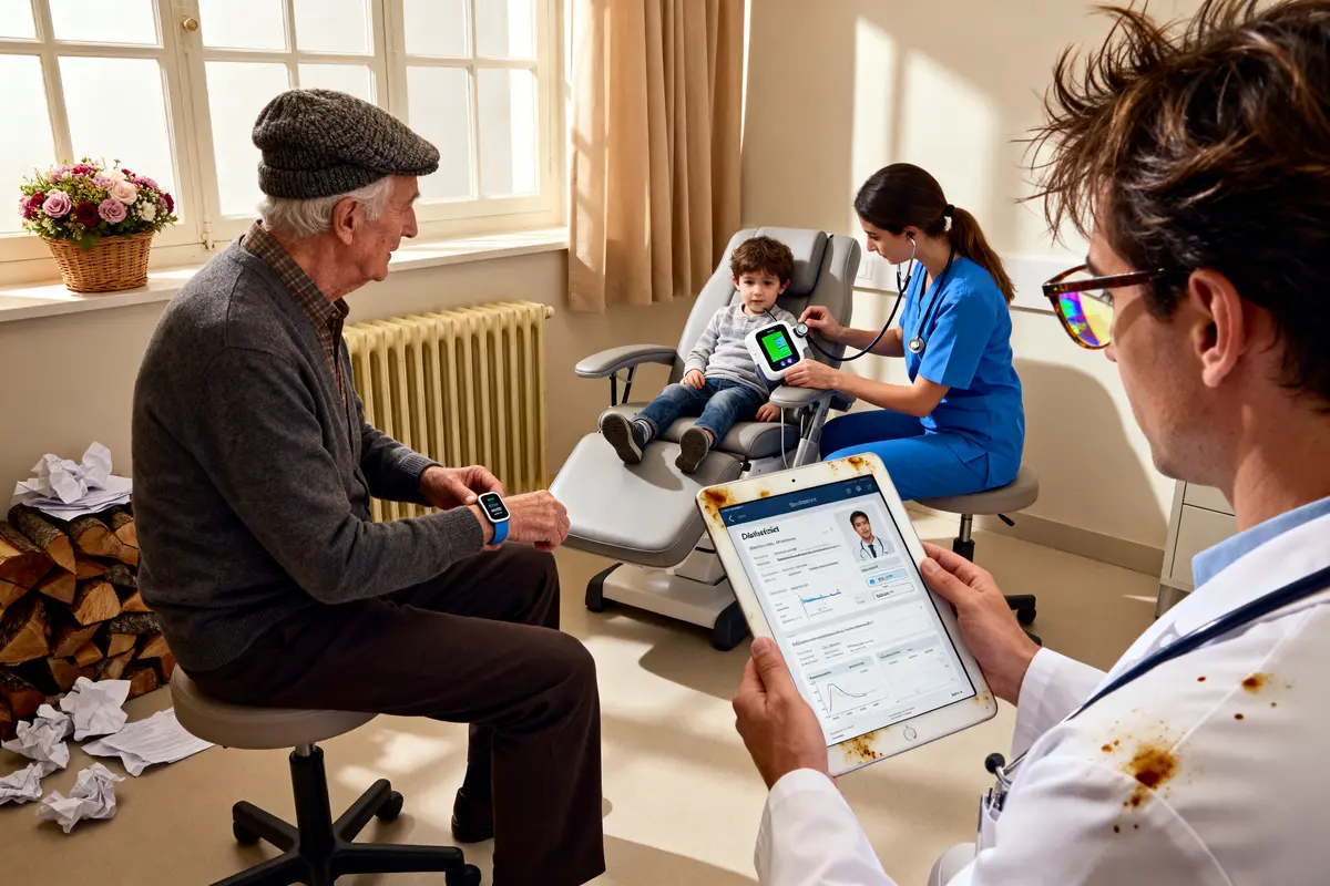 Un enfant est examiné par une infirmière, un homme âgé observe, un médecin consulte une tablette.