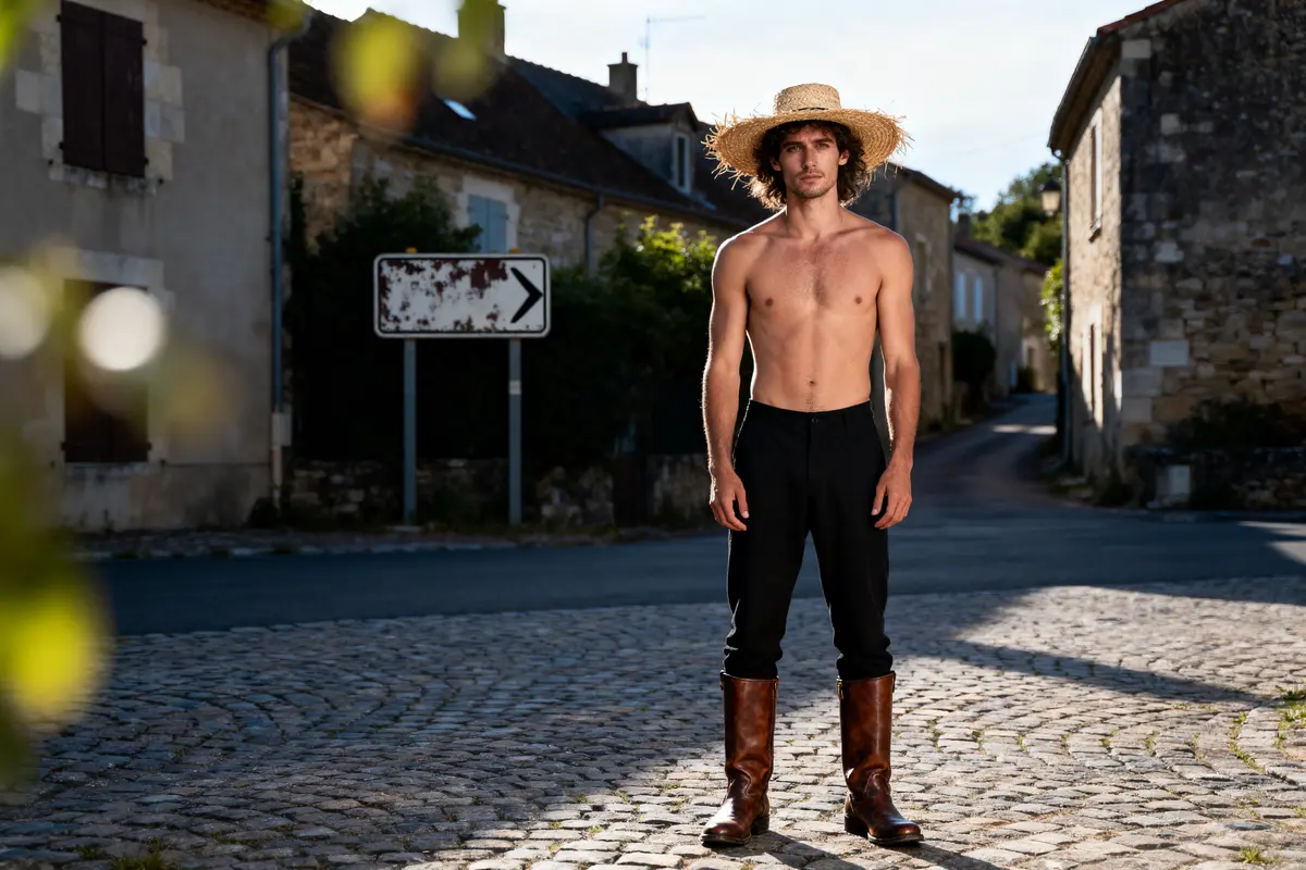Homme torse nu avec chapeau de paille et bottes, se tient sur une rue pavée villageoise.