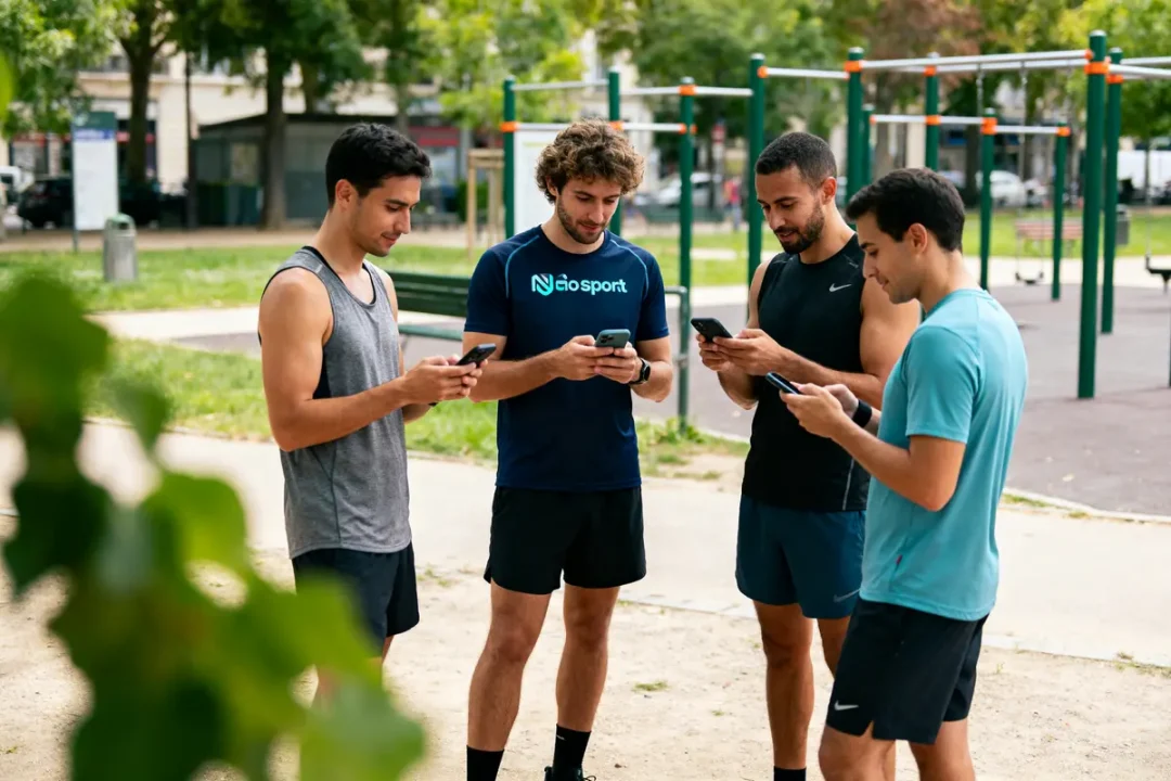 Quatre hommes en tenue de sport regardent leur téléphone dans un parc avec des équipements d'exercice.