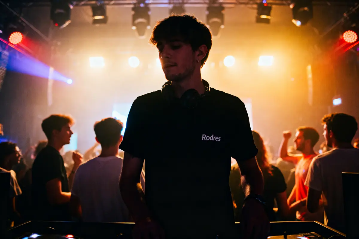 DJ en concert, foule dansante, lumières colorées, ambiance festive, homme avec casque audio, scène animée.