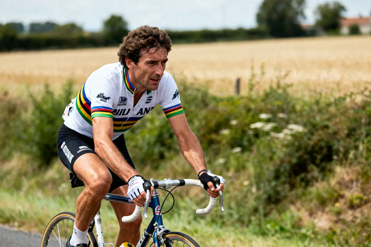 Cycliste en maillot rayé sur route de campagne, entourée de champs et de verdure.