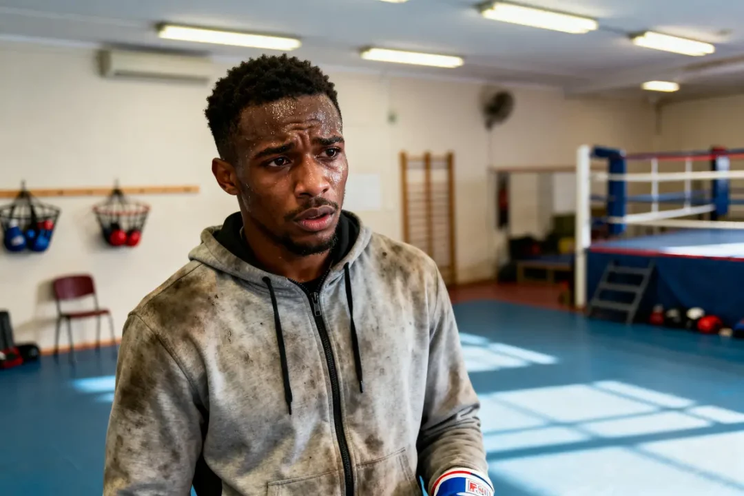Un homme, transpirant, en hoodie, dans une salle de boxe avec un ring à l'arrière-plan.