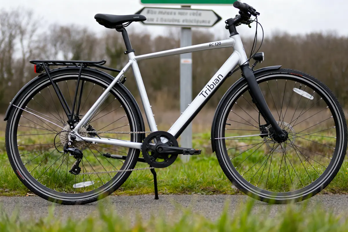 Vélo de route blanc Triban RC120 près d'un panneau, sur un chemin bordé de verdure.