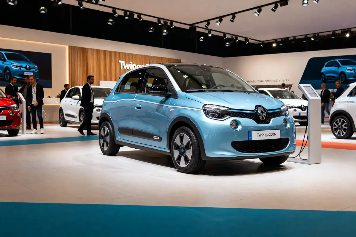 Salon automobile, Renault Twingo bleue exposée, autres modèles en arrière-plan, spectateurs observant.