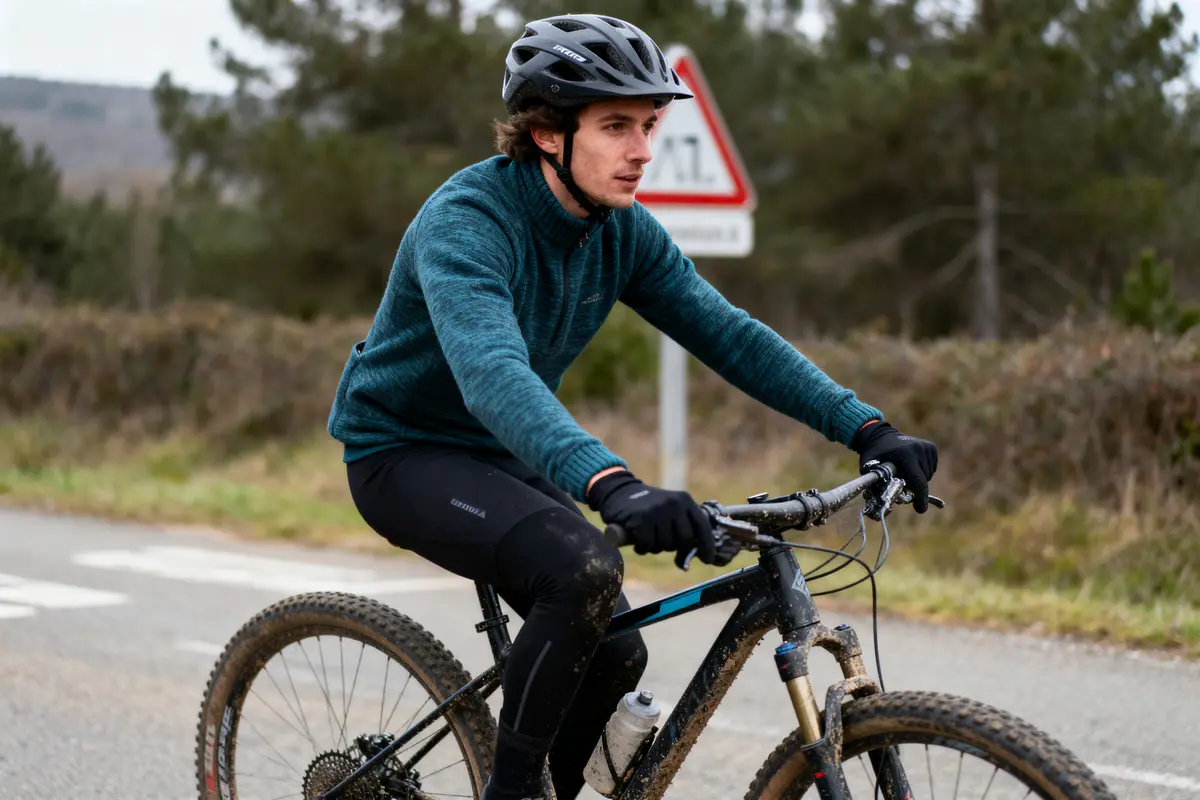 Cycliste avec casque roulant en VTT sur une route de campagne, arbres en arrière-plan.