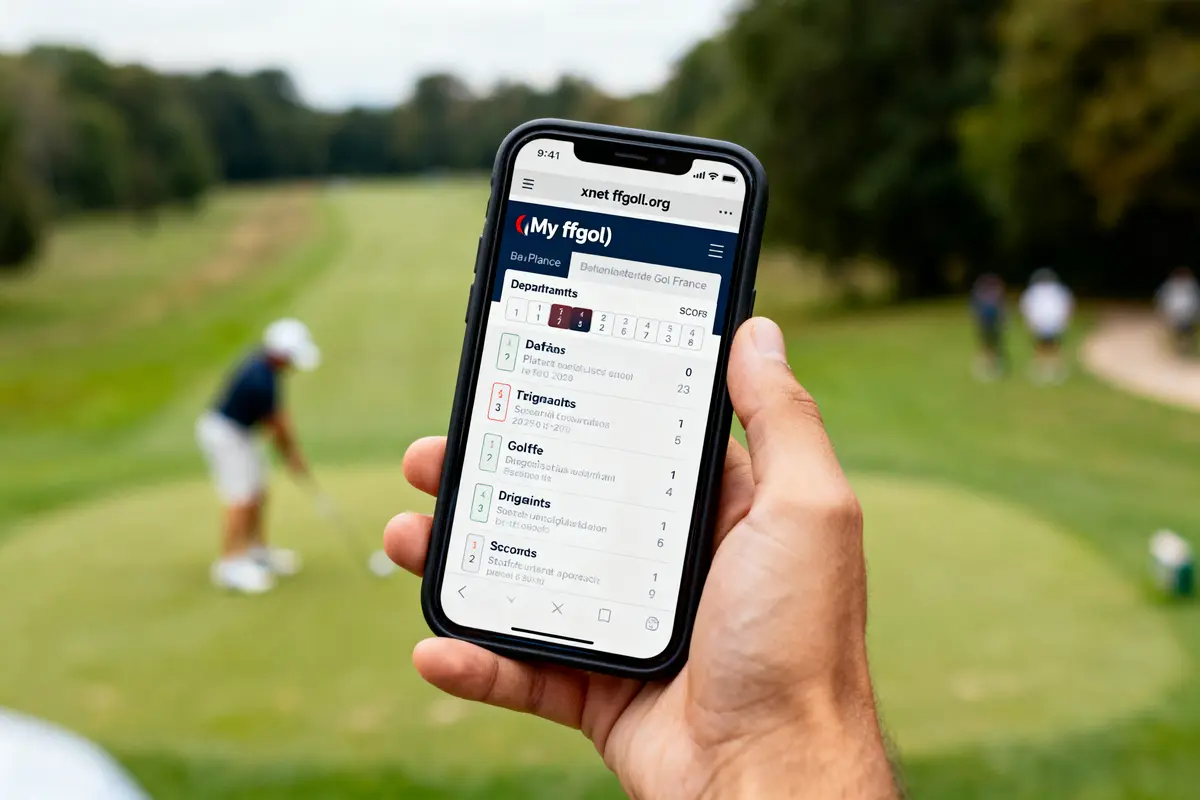 Main tenant un téléphone affichant une application de golf, avec un golfeur en arrière-plan sur le terrain.
