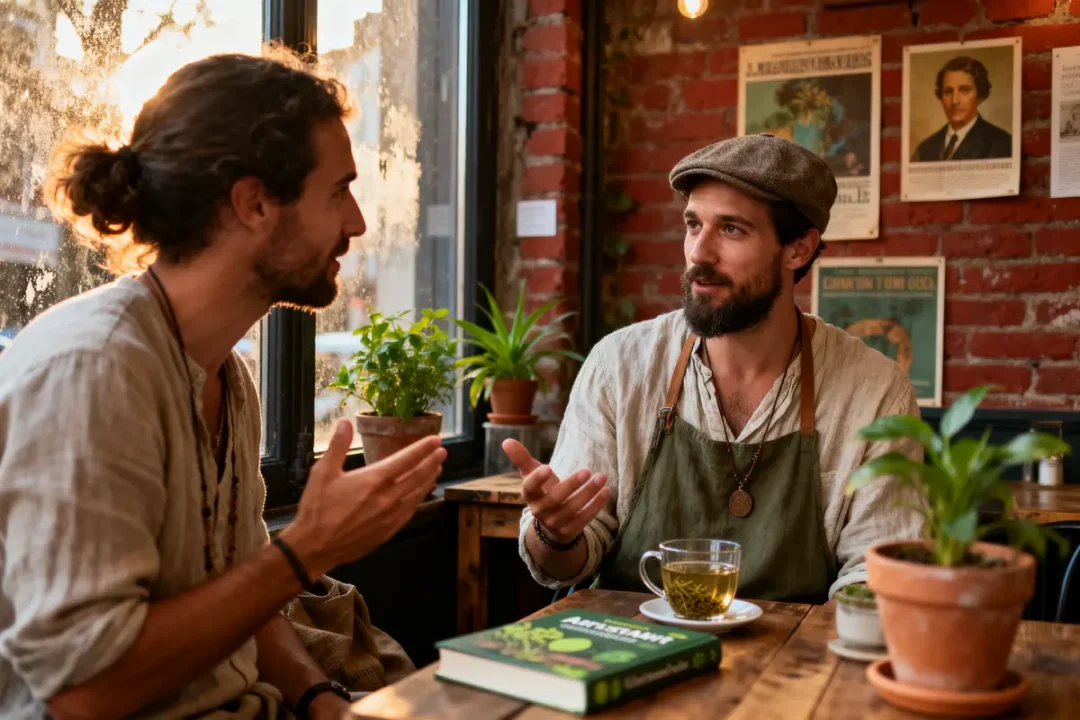 Deux hommes discutent dans un café chaleureux, avec plantes et lumière naturelle. Livres et boisson sur table.