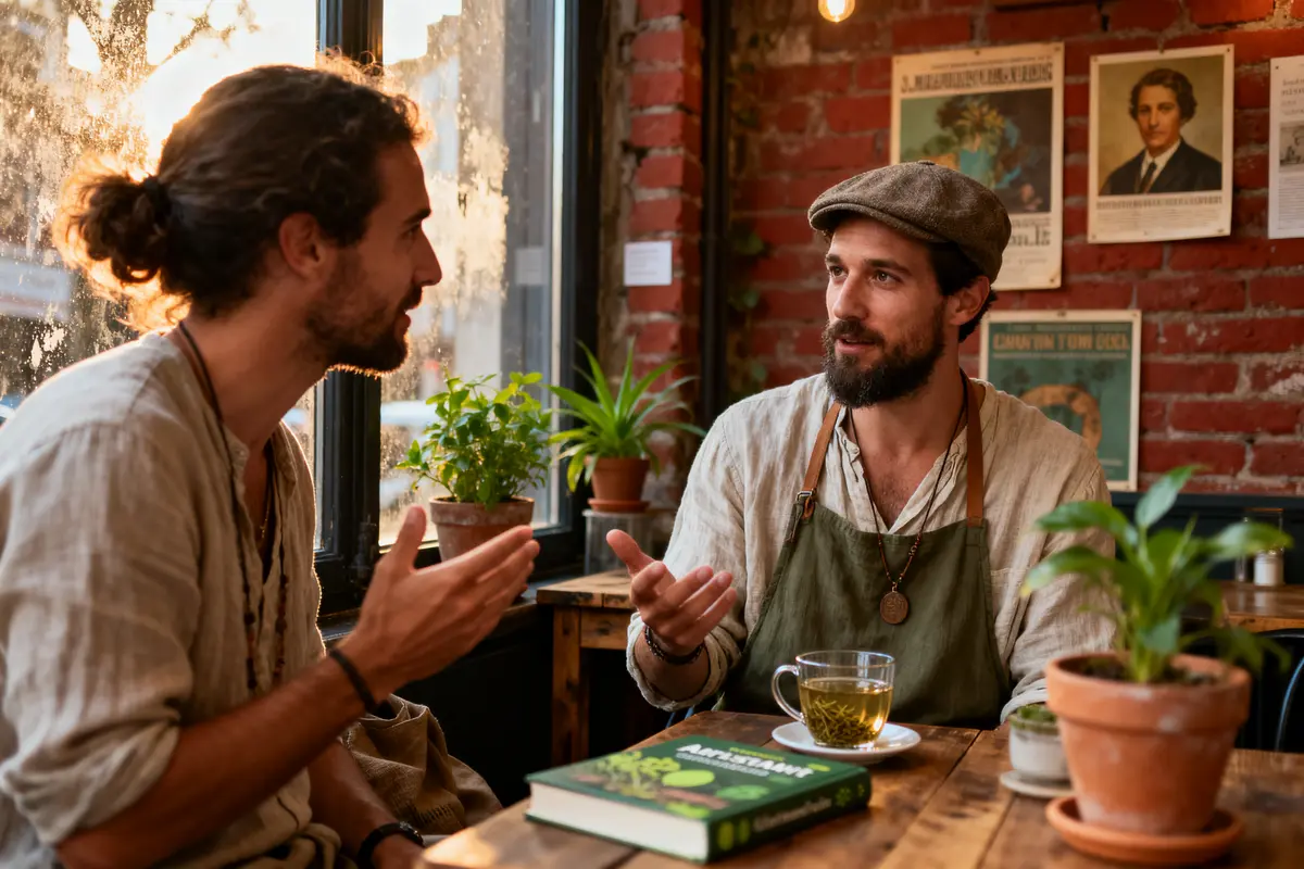 Deux hommes discutent dans un café chaleureux, avec plantes et lumière naturelle. Livres et boisson sur table.