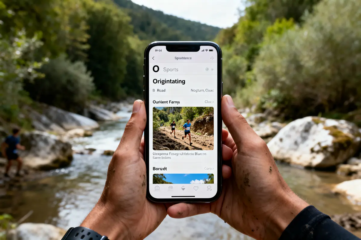 Personne tenant un smartphone avec application sportive, près d'une rivière en pleine nature verdoyante.