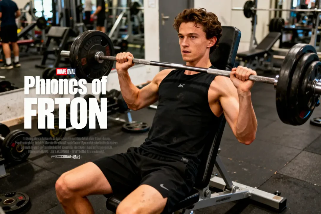 Jeune homme faisant de la musculation sur banc inclinable dans une salle de sport, texte sur l'image.
