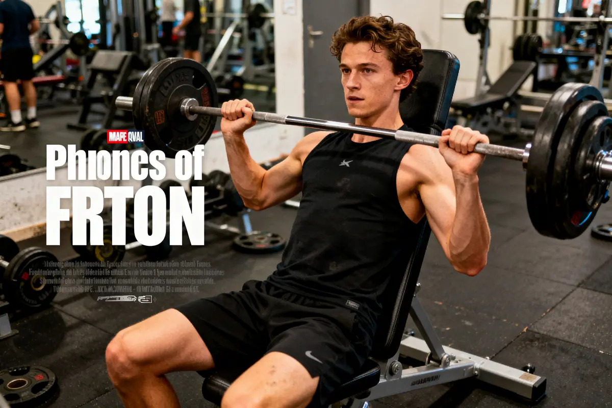 Jeune homme faisant de la musculation sur banc inclinable dans une salle de sport, texte sur l'image.