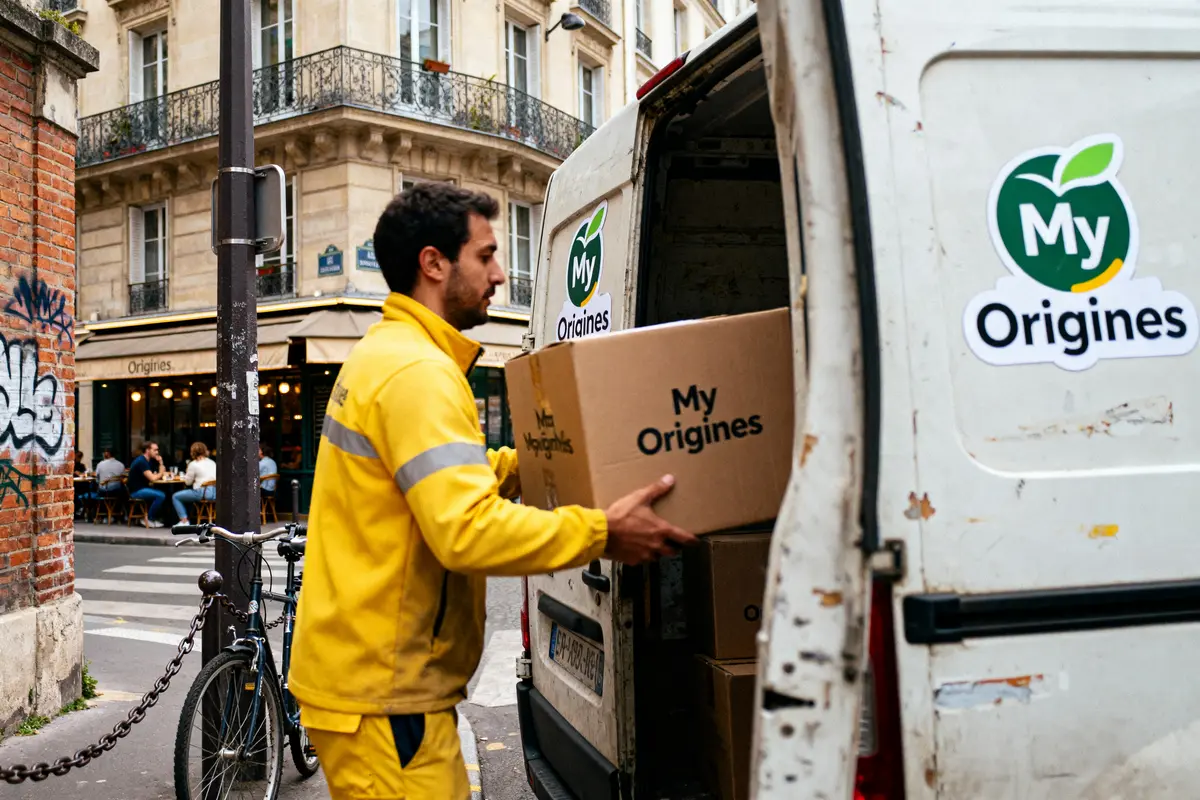 Homme déchargeant un carton My Origines d'une camionnette blanche dans une rue urbaine animée.