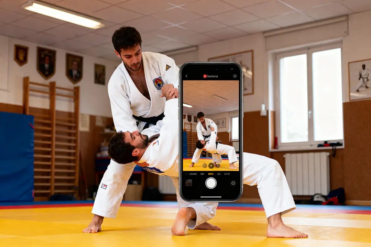 Deux judokas s'affrontent dans un dojo, téléphone prenant photo au premier plan.