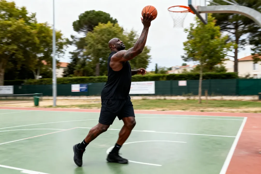 Homme en noir jouant au basket, réalisant un lay-up sur terrain extérieur avec arbres et clôtures en arrière-plan.