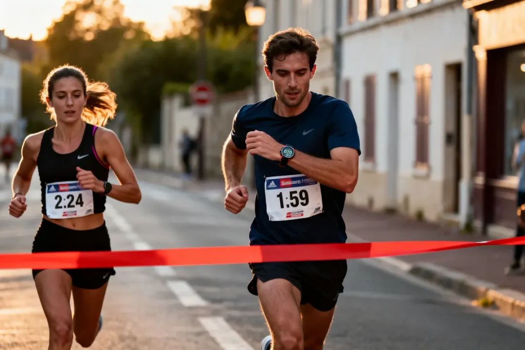 Deux coureurs franchissant une ligne d'arrivée lors d'une course en ville, sous une lumière douce du soir.
