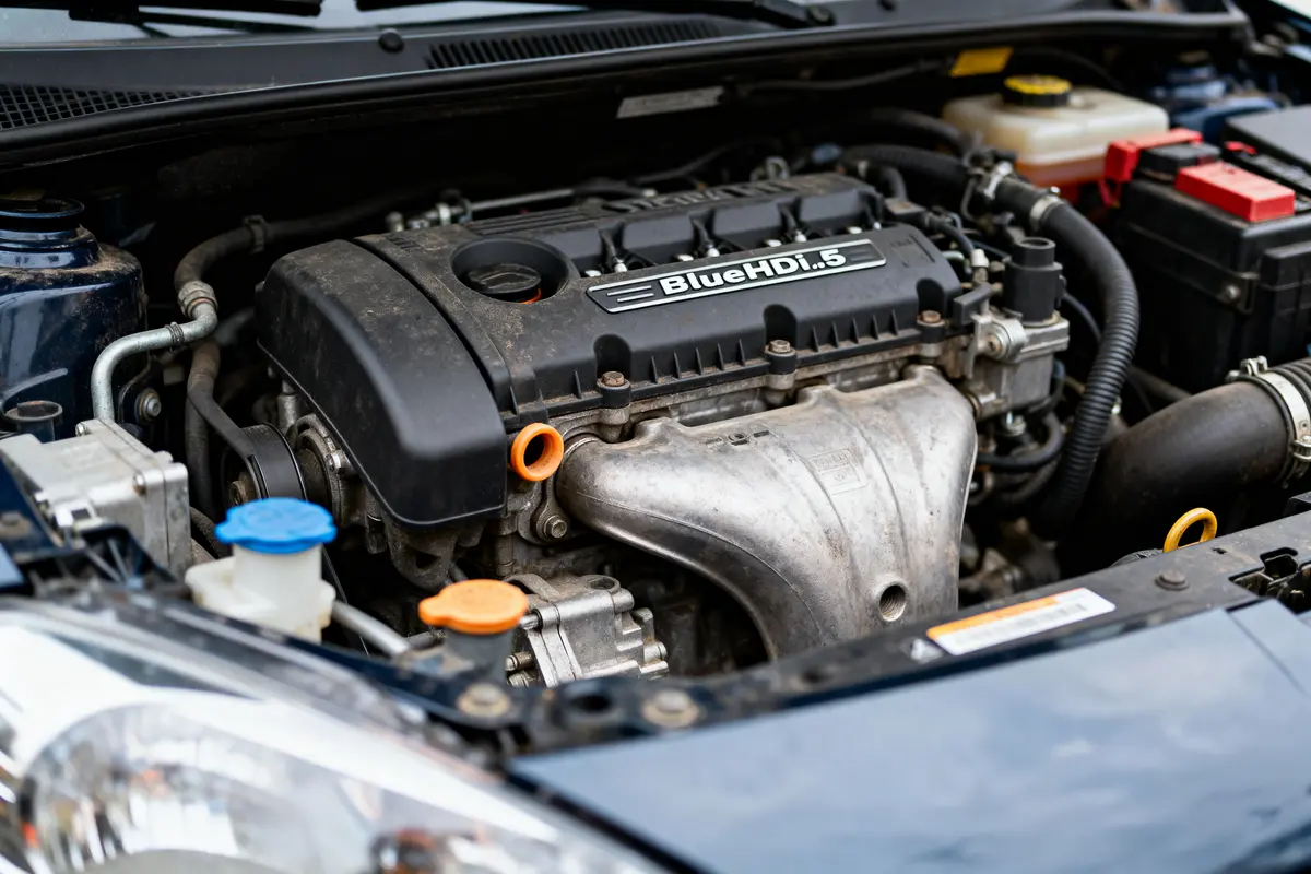 Moteur diesel BlueHDI 1.5 de voiture, capot ouvert, composants et réservoirs visibles.