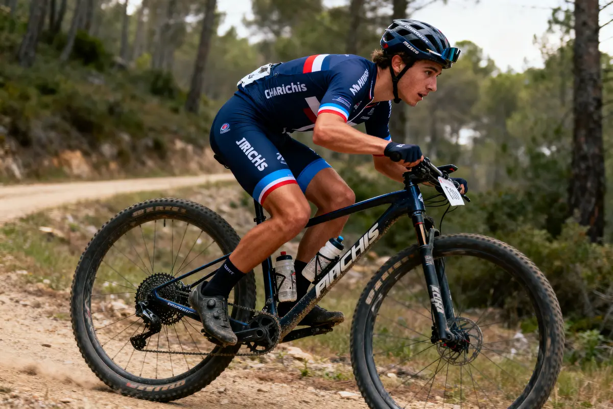 Cycliste en tenue de course bleue roulant sur un chemin forestier sur un VTT noir.