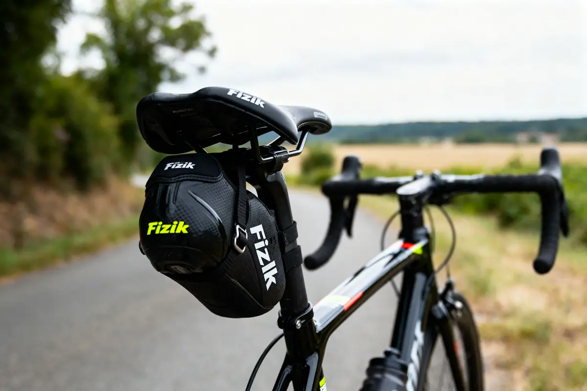 Vélo sur route de campagne, sacoche Fizik sous la selle, guidon visible à l'avant-plan.
