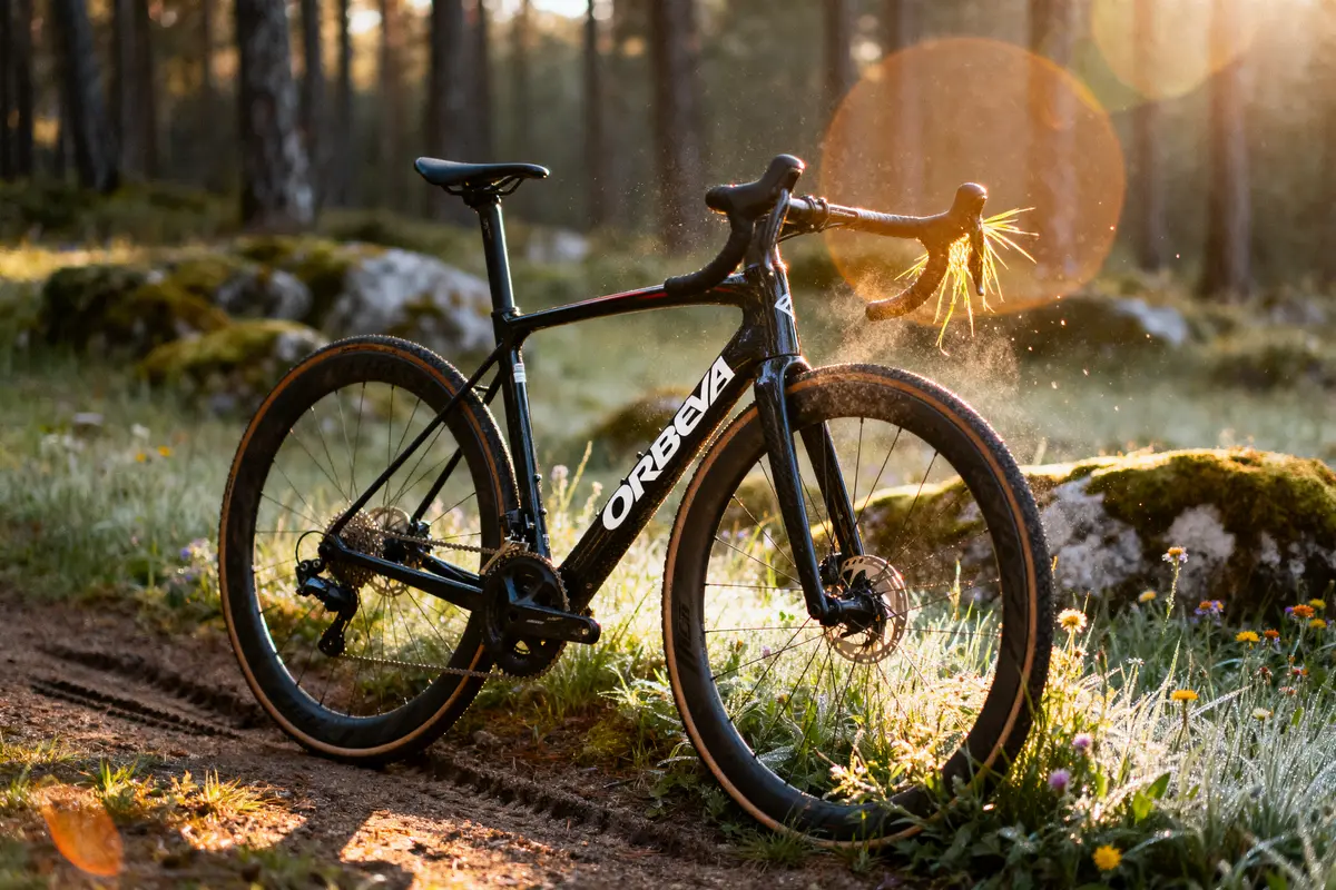 Vélo de gravier Orbea sur chemin forestier ensoleillé, entouré de végétation et de rochers.