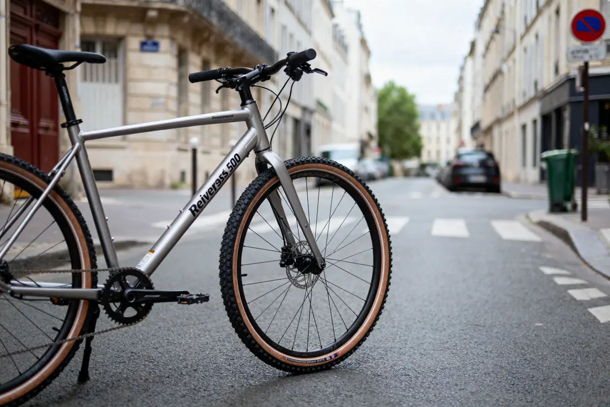 Vélo argenté Reivers 500 stationné sur rue calme, bâtiments en pierre en arrière-plan.