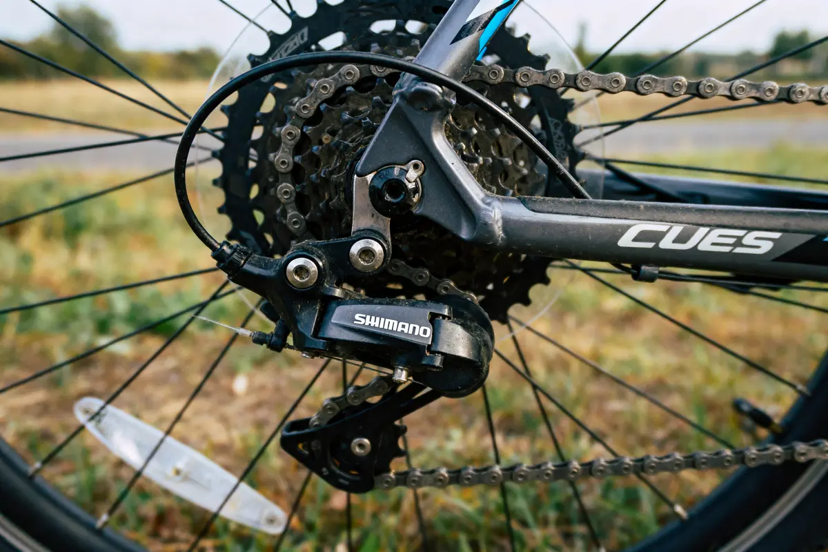 Dérailleur Shimano et chaîne de vélo sur terrain herbeux, arrière-plan flou.