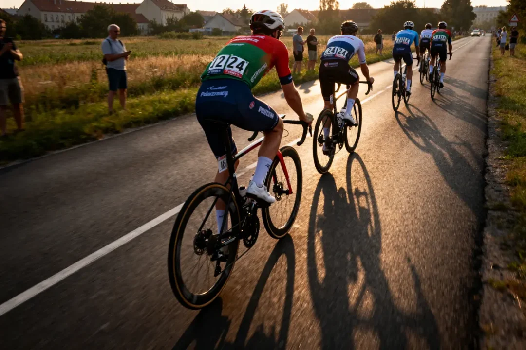 Cyclistes en course sur une route ensoleillée, entourés de spectateurs et de paysages champêtres.