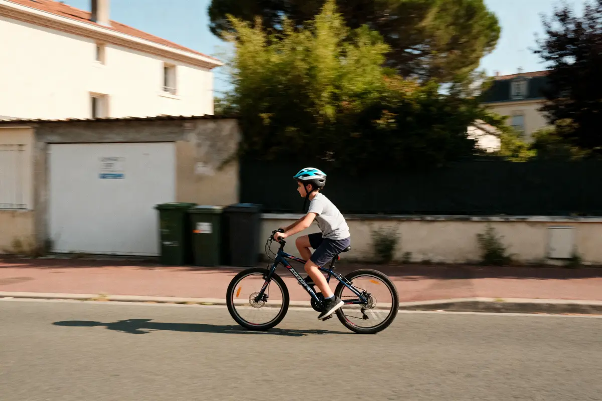 Enfant avec casque bleu faisant du vélo dans une rue résidentielle ensoleillée, maisons et arbres en arrière-plan.