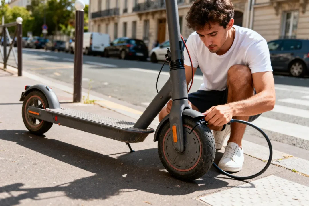 Un homme gonfle le pneu d'une trottinette électrique sur le trottoir d'une rue ensoleillée.