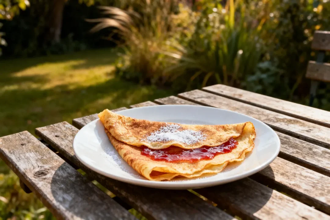 Crêpe sucrée à la confiture et sucre glace, assiette sur table en bois, jardin en arrière-plan.