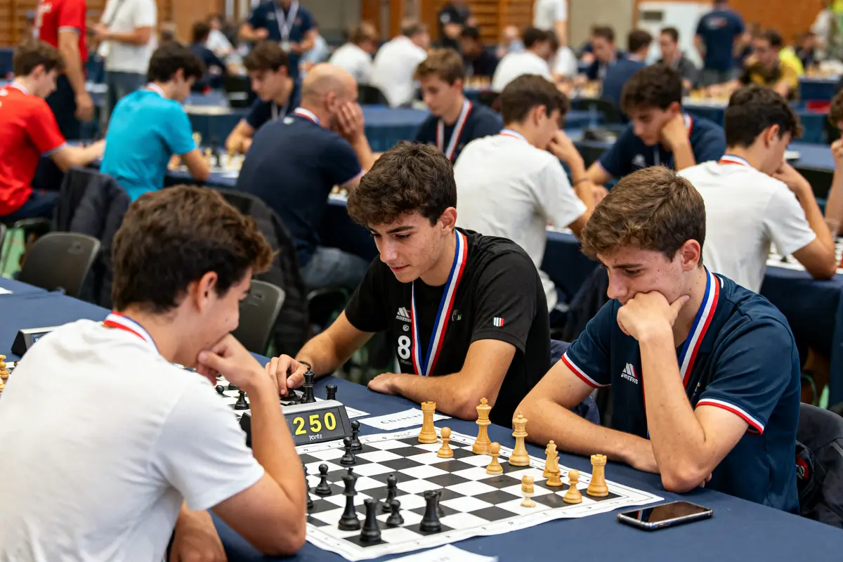 Jeunes participants concentrés lors d'un tournoi d'échecs, portant des médailles, devant des échiquiers.