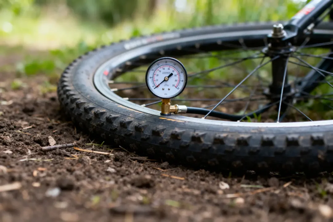 Pneu de vélo tout-terrain avec manomètre, sur un sol terreux entouré de végétation verte.