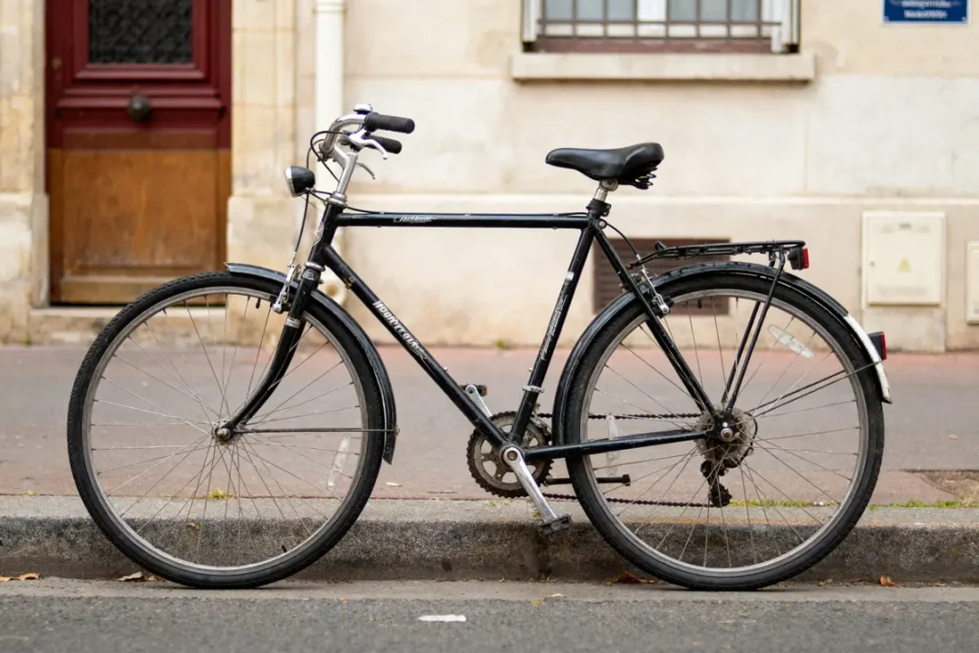 Vélo noir stationné sur un trottoir devant une porte marron et mur beige.