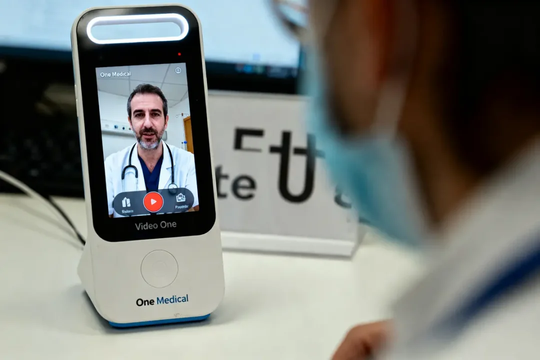 Appareil médical affichant un médecin en visioconférence, personne portant un masque en arrière-plan.