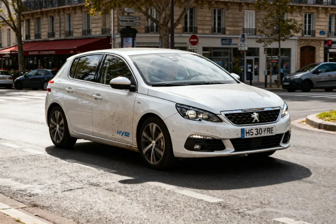 Voiture Peugeot 308 hybride blanche circulant en ville sur une route ensoleillée